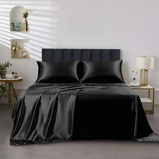 4pcs Satin Bed Sheet Set – 1 Fitted Sheet, 1 Flat Sheet, 2 Pillowcases, Polyester, Solid Color