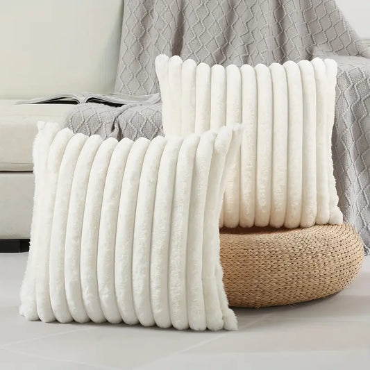 2pcs Faux Fur Striped Pillow Covers – Creamy White