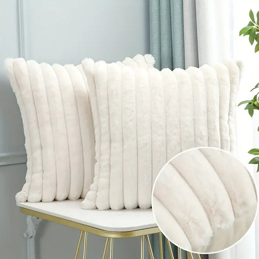 2pcs Faux Fur Striped Pillow Covers – Creamy White